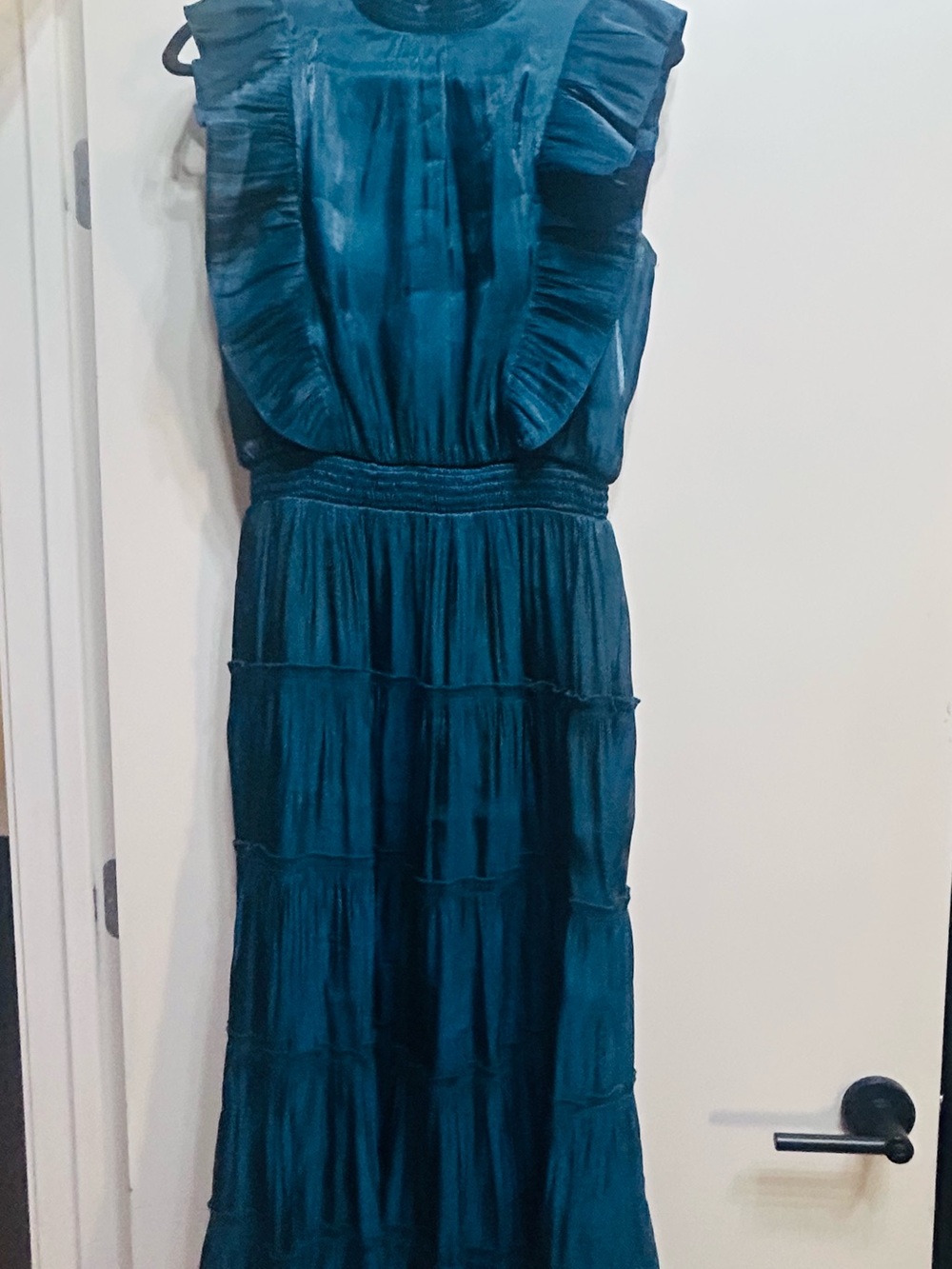 Sleeveless Teal Ruffled Maxi Dress with Smocked Waist